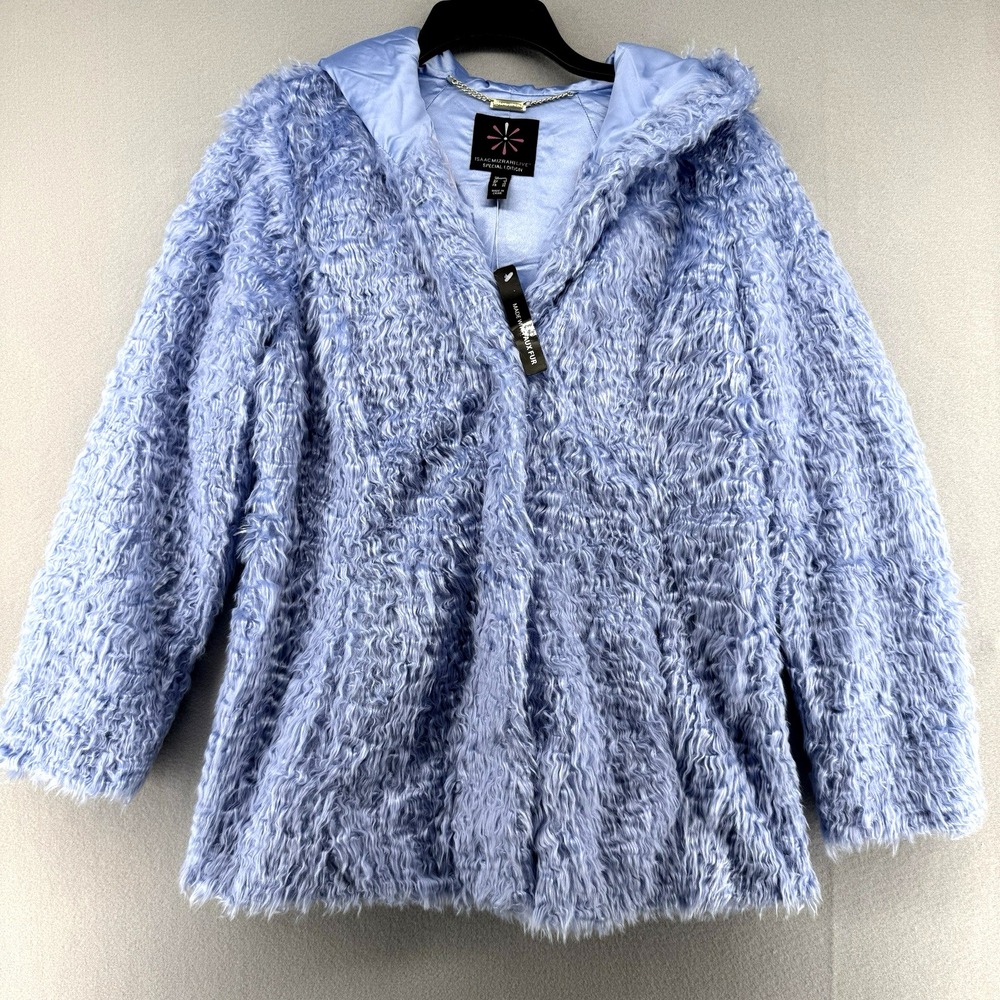 Isaac Mizrahi Live Jacket Womens S Blue Faux Fur Hooded Plush Coat NEW